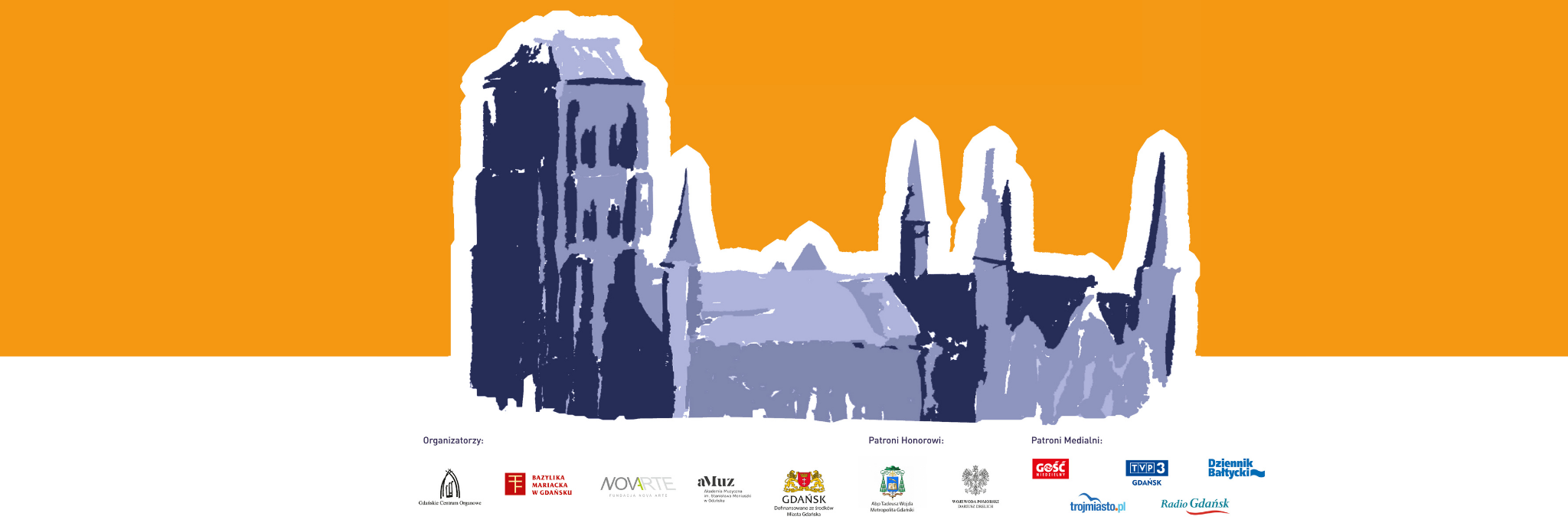 obrazek przedstawia fragment plakatu promującego wydarzenie 44. międzynarodowego festiwalu organowego. tło pomarańczowe, w centrum grafiki - rysunkowa Bazylika Mariacka. Dole grafiki umieszczone zostały logotypy organizatorów i partnerów.